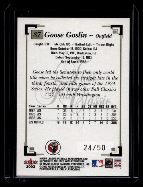 2002 Fleer Fall Classics Championship Gold 87a Goose Goslin Senators 24/50