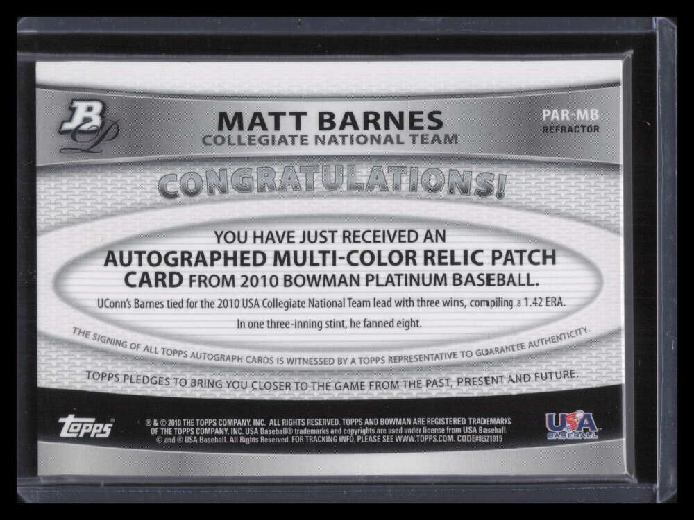 2010 Bowman Platinum Green Refractor Matt Barnes Rookie Patch Auto 100/199