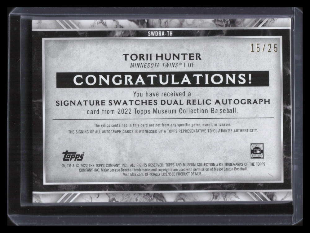 2022 Topps Museum Signature Swatches Torii Hunter Dual Bat Jersey Auto 15/25