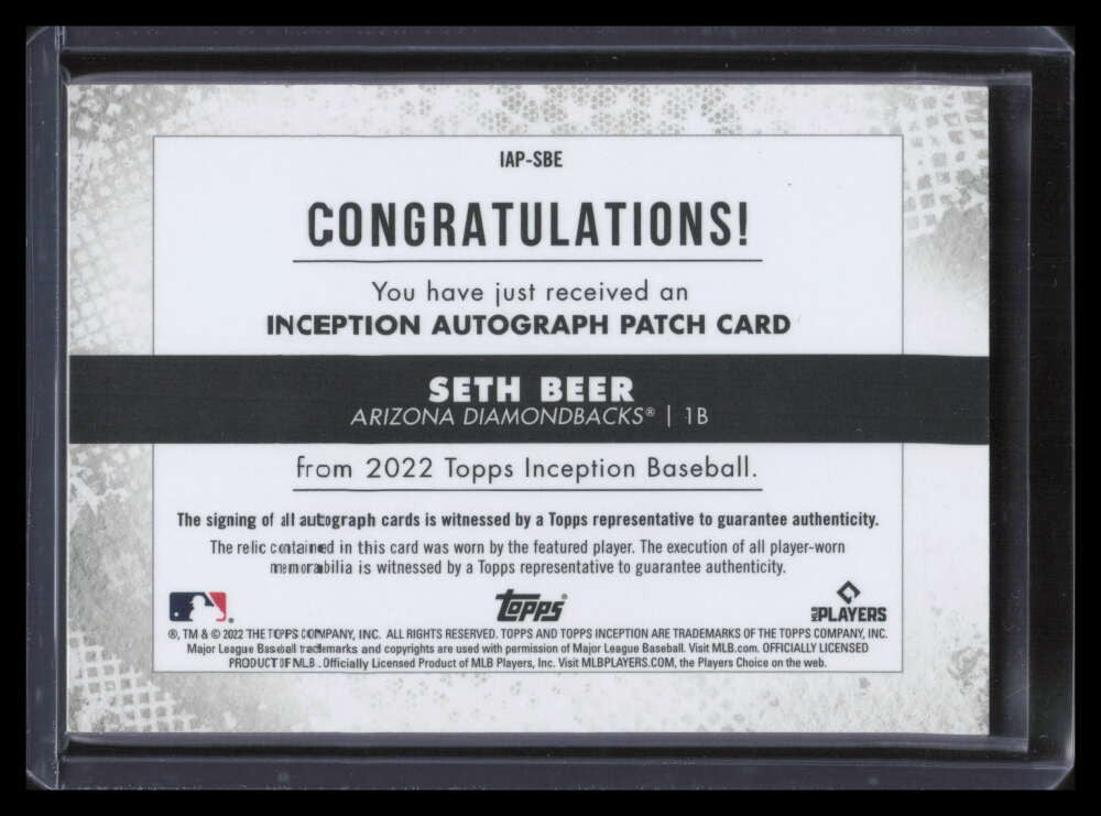 DELETE 125209 2022 Topps Inception Patch Autographs IAPSBE Seth Beer Rookie Patch Auto 57/249