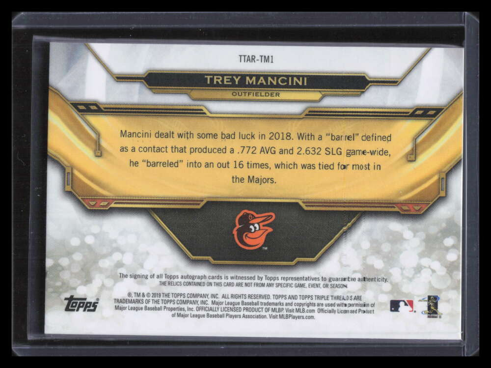 2019 Topps Triple Threads Autograph Gold Trey Mancini Bat Jersey Patch Auto 1/9