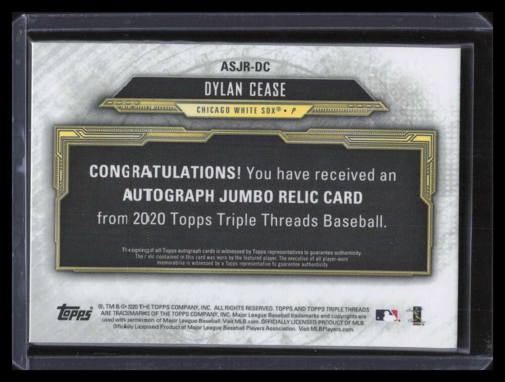 2020 Topps Triple Threads Jumbo Autographs Dylan Cease Rookie Jersey Auto 4/25