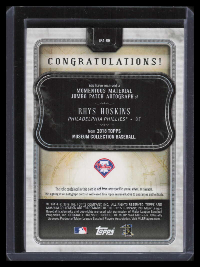 2018 Topps Museum Momentous Material JPARH Rhys Hoskins Rookie Patch Auto 7/15