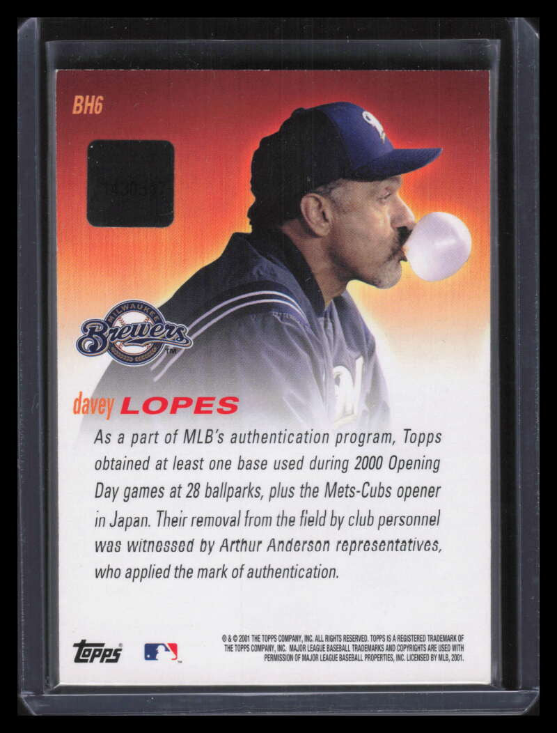 2001 Topps Base Hit Autograph Relics bh6 Davey Lopes 2000 Opening Day Base Auto