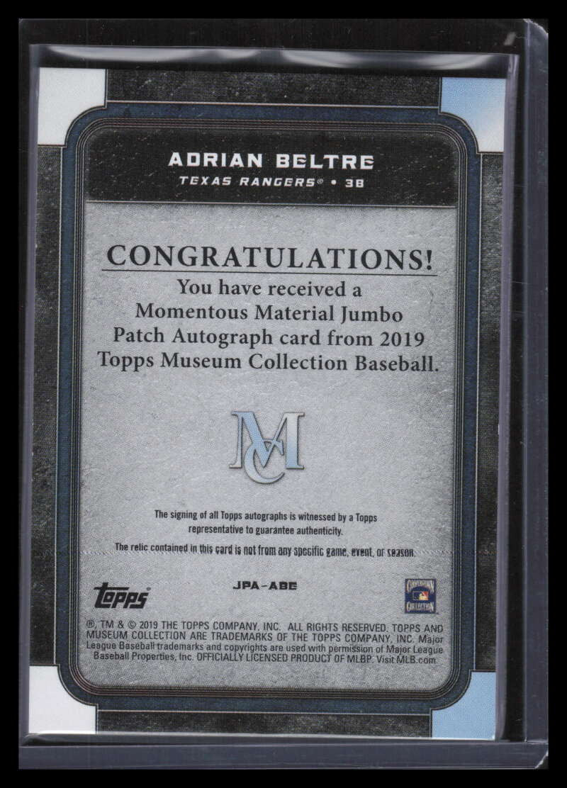 2019 Topps Museum Momentous Jumbo Autographs Gold Adrian Beltre Patch Auto 5/5