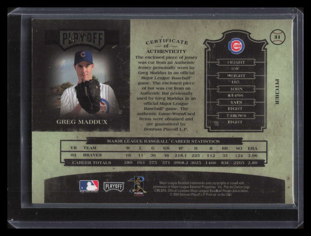 2004 Prime Cuts Signature Material Combo 31 Greg Maddux Dual Bat Jersey Auto 4/5