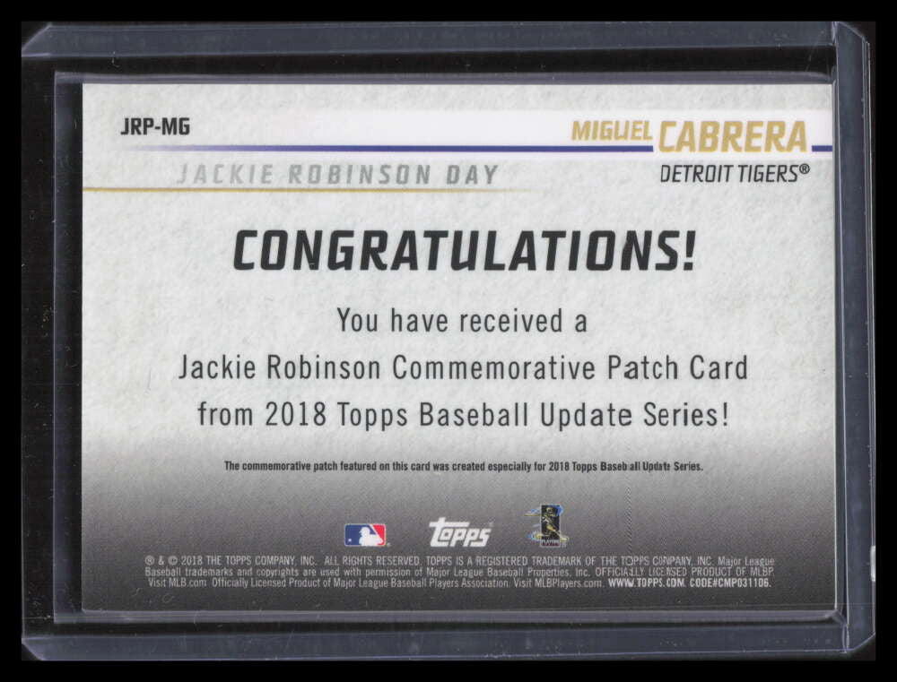 2018 Topps Update Jackie Robinson Gold JPRMG Miguel Cabrera Patch 74/99