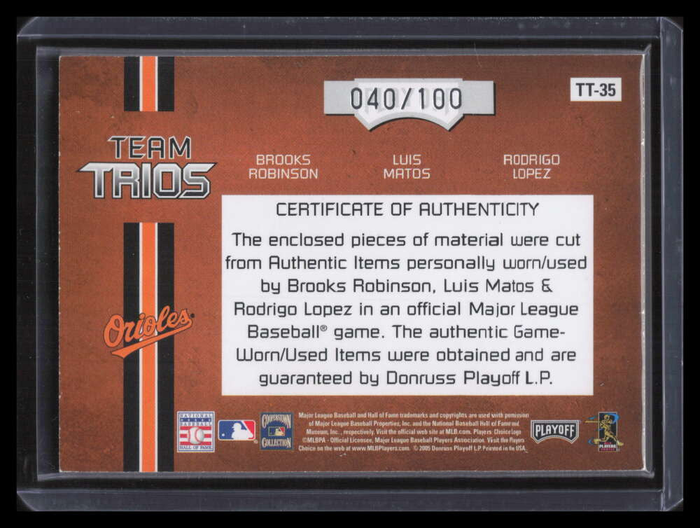 2005 Absolute Team Trios Matos Lopez Brooks Robinson Triple Bat Patch 40/100