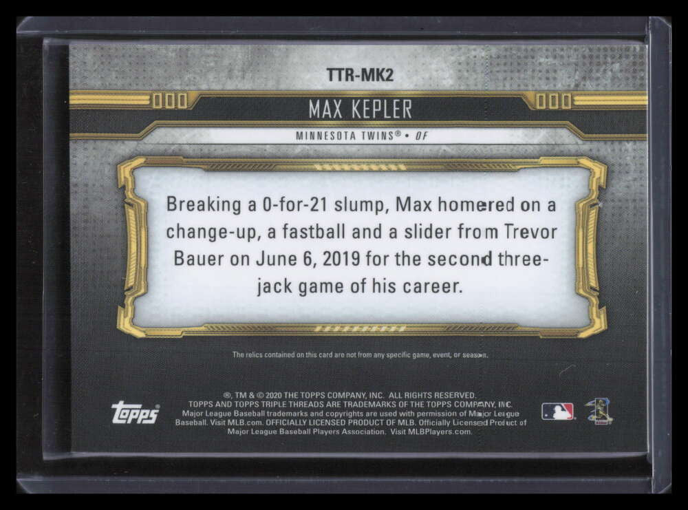 2020 Topps Triple Threads Relics Gold ttrmk2 Max Kepler Patch Jersey 2/9