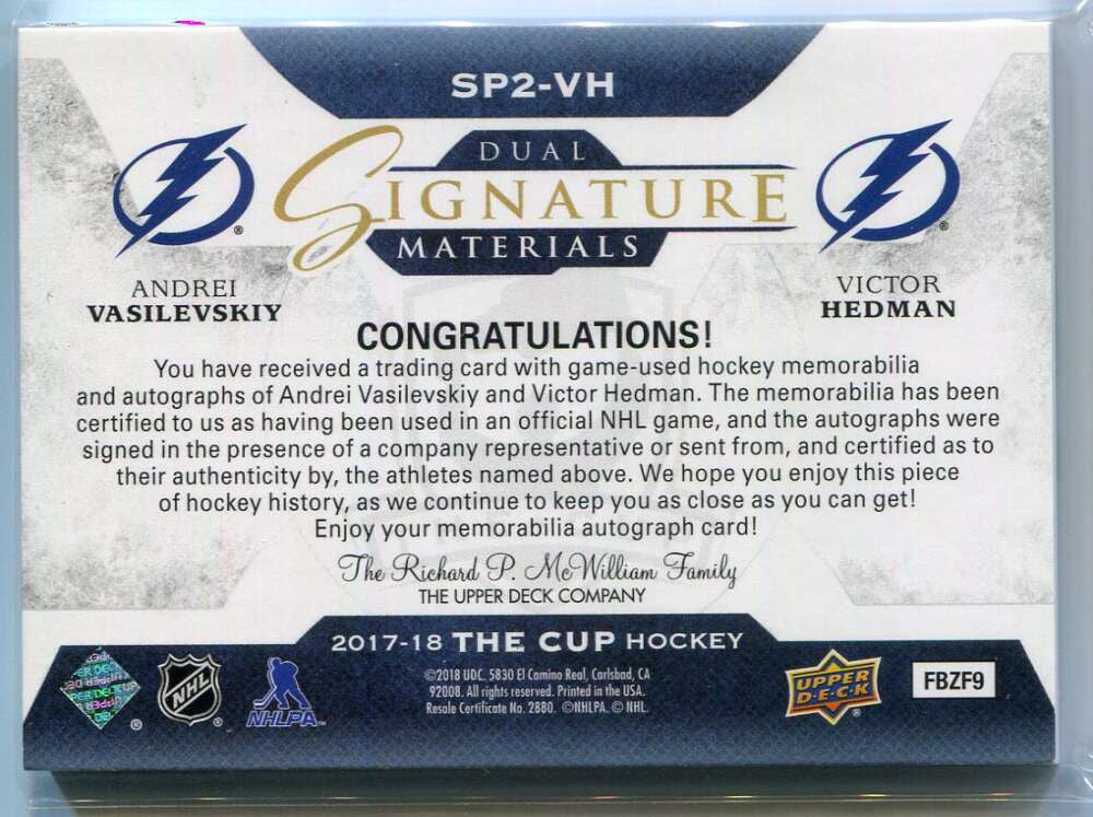2017-18 The Cup Signature Patches sp2vh Hedman Vasilevskiy Dual Patch Auto 22/35