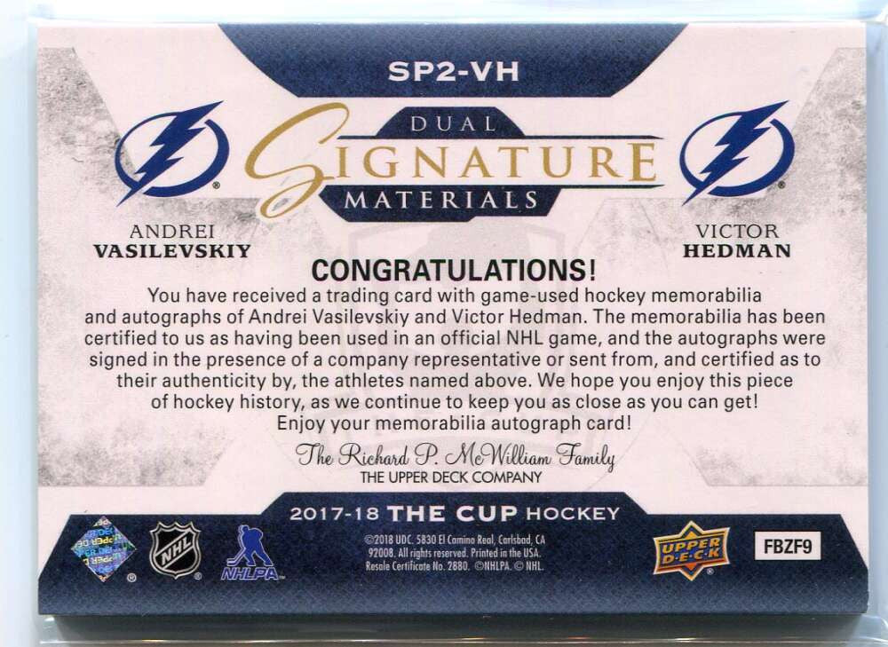 2017-18 The Cup Signature Patches sp2vh Hedman Vasilevskiy Dual Patch Auto 32/35