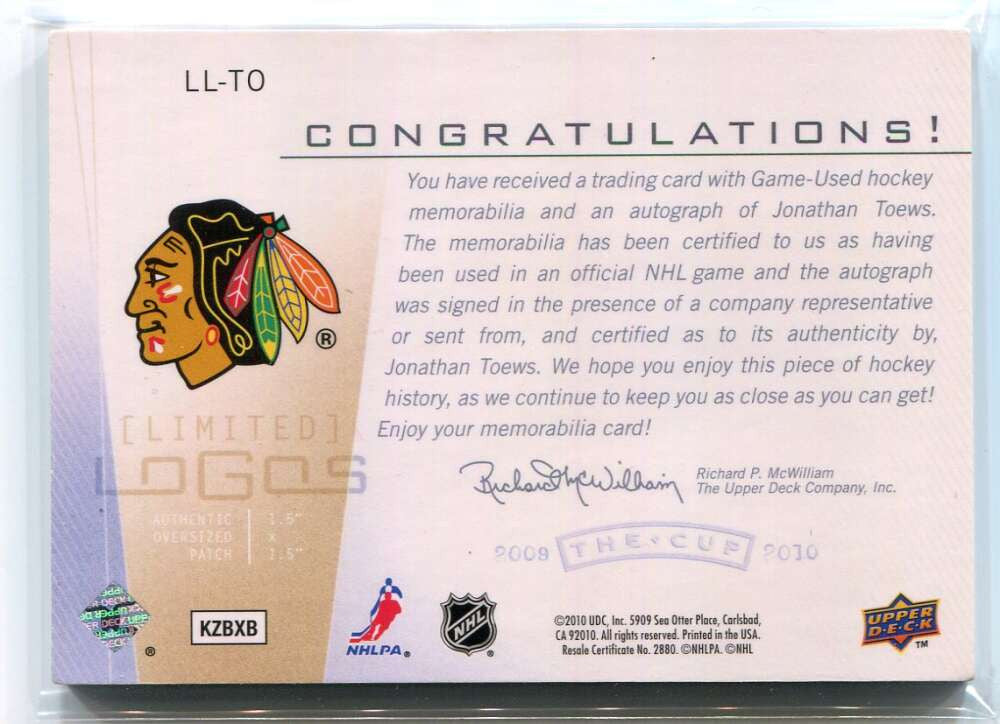 2009-10 The Cup Limited Logos Autographs LLTO Jonathan Toews Patch Auto 34/50