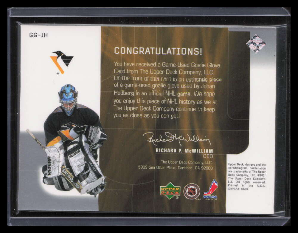 2001-02 UD Top Shelf Goalie Gear GGJH Johan Hedberg Goalie Glove