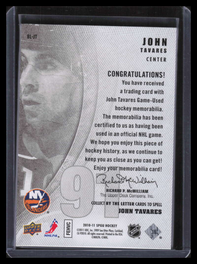 2010-11 SP Game Used By The Letter BLJT John Tavares Letter Patch 1/1
