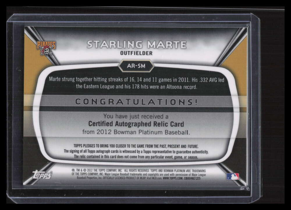 2012 Bowman Platinum Relic Autographs SM Starling Marte Rookie Jersey Auto