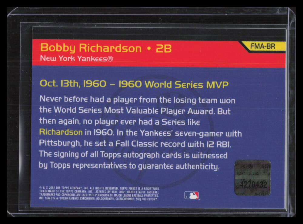 2002 Finest Moments Autographs FMABR Bobby Richardson Auto