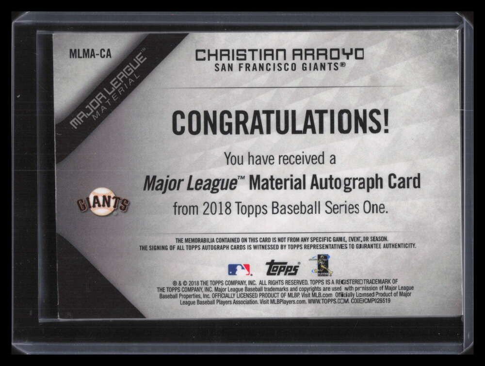 2018 Topps Major League Materials Autographs Christian Arroyo Patch Auto 5/25