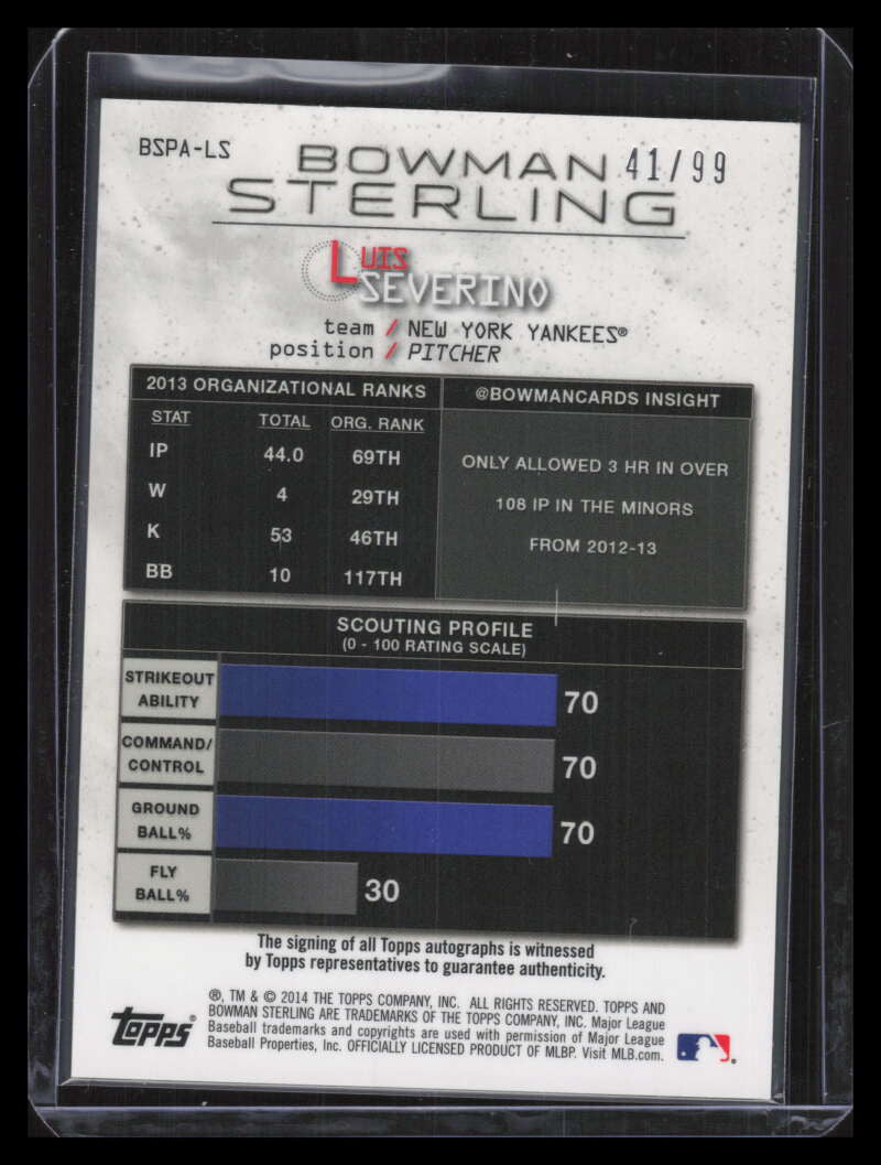 2014 Bowman Sterling Autographs Purple Refractor Luis Severino Rookie Auto 41/99