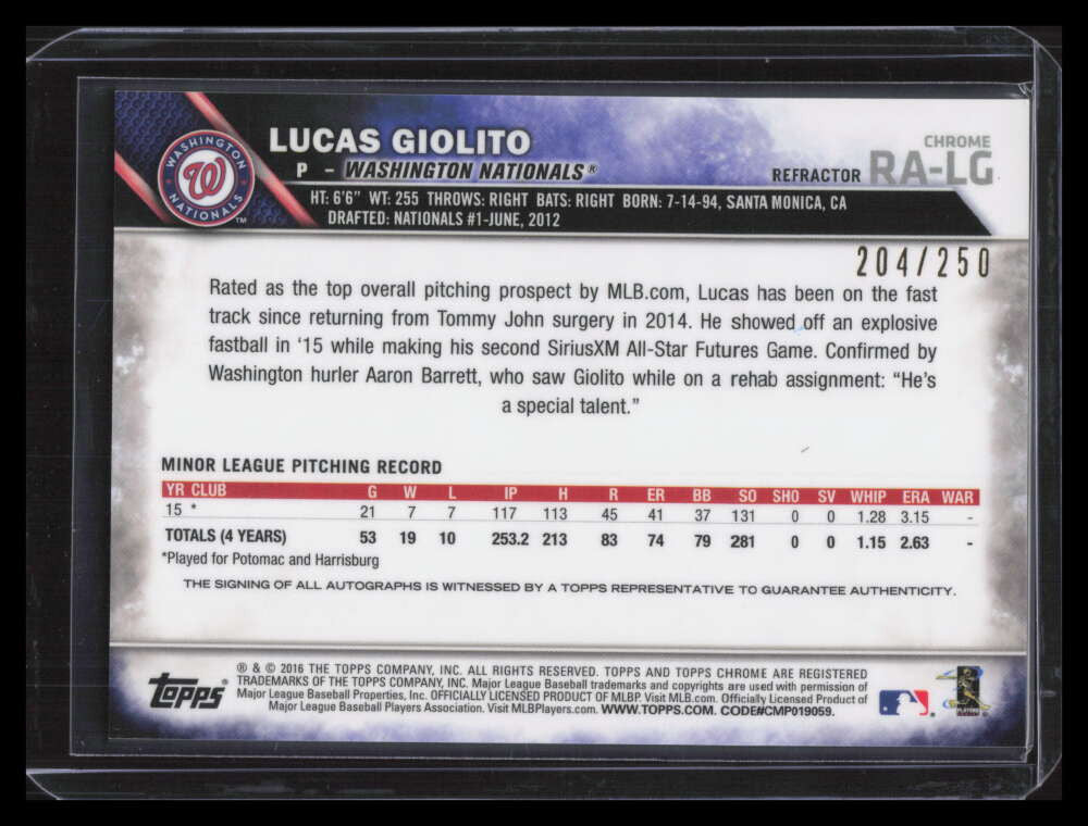 2016 Topps Chrome Autographs Purple Refractor Lucas Giolito Rookie Auto 204/250