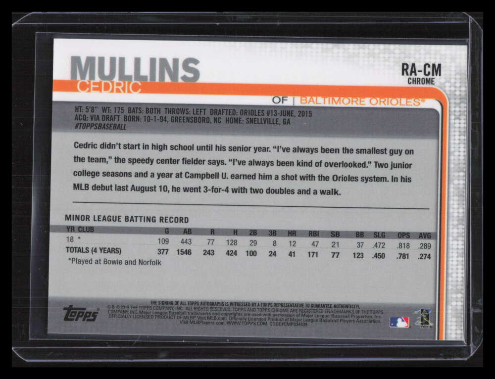 2019 Topps Chrome Rookie Autographs RACM Cedric Mullins Rookie Auto 124814