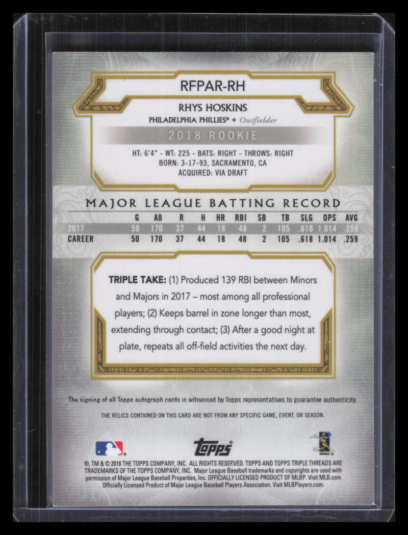 2018 Topps Triple Threads Silver RFPARRH Rhys Hoskins Rookie Jersey Auto 52/75