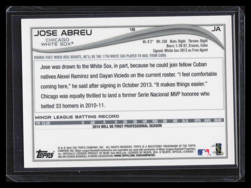 2014 Topps Chrome Rookie Autographs JA Jose Abreu Rookie Auto