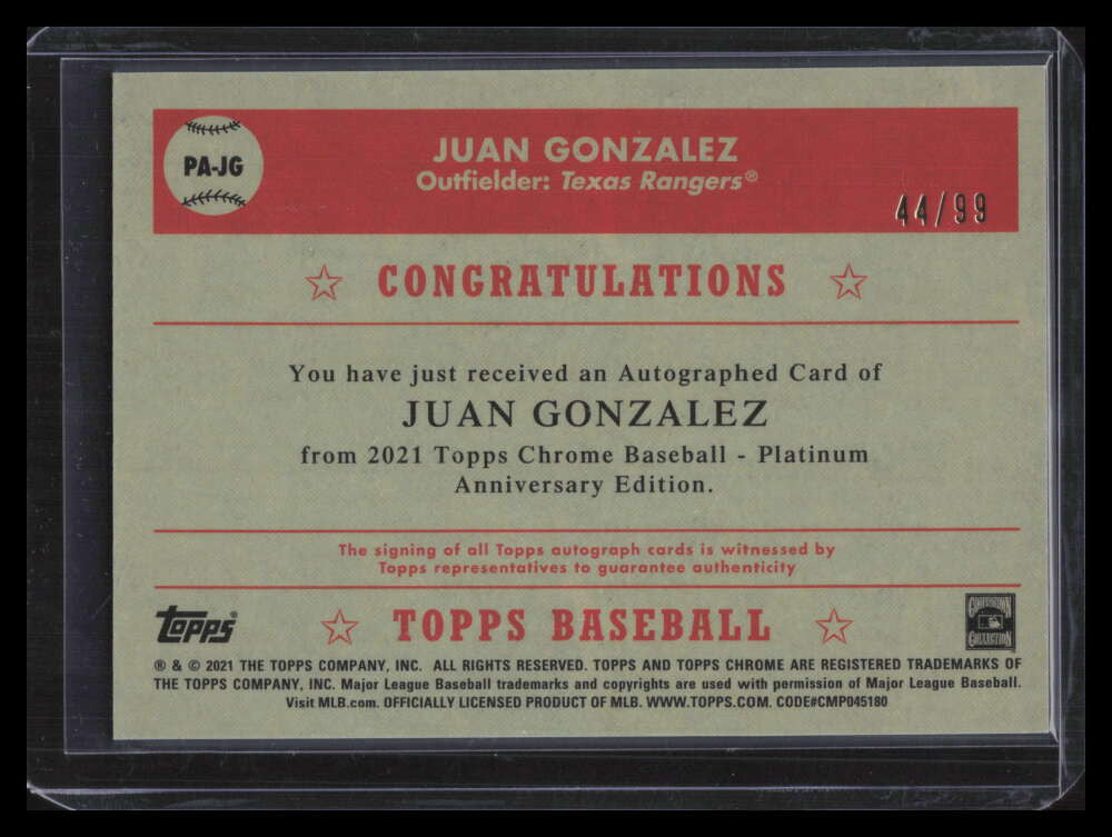 2021 Topps Chrome Platinum Blue Prism Refractor PAJG Juan Gonzalez Auto 44/99