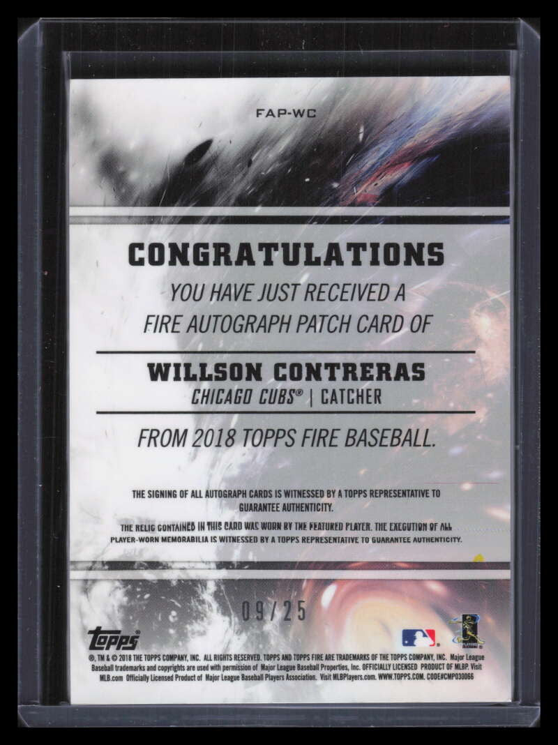 2018 Topps Fire Autograph Patches FAPWC Willson Contreras Patch Auto 9/25