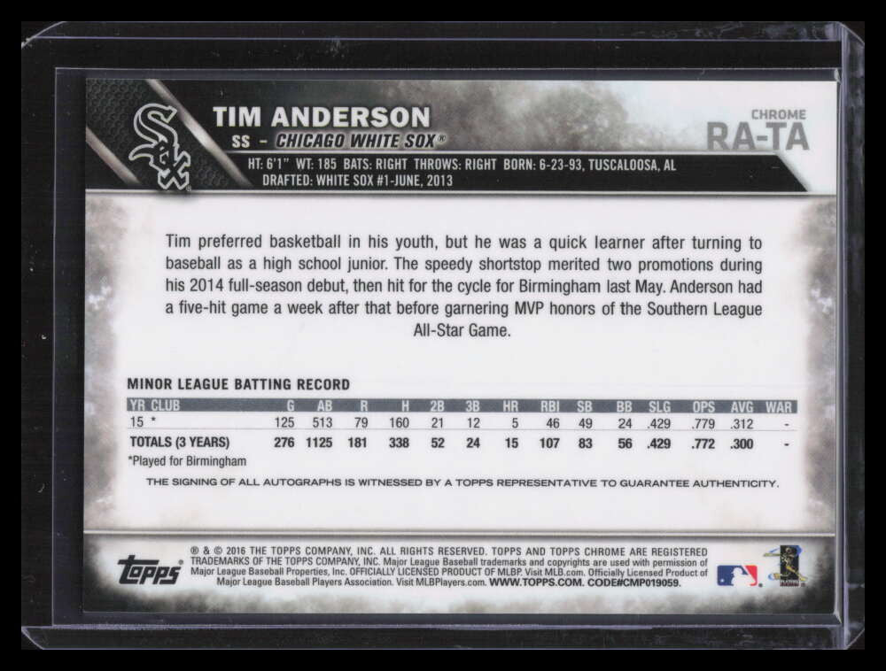 DELETE 126356 2016 Topps Chrome Rookie Autographs RATA Tim Anderson Rookie Auto