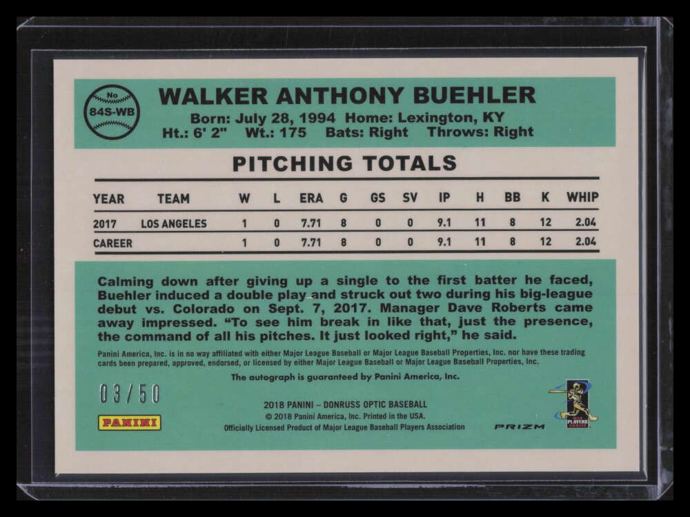 DELETE 126359 2018 Donruss Optic '84 Retro Signatures Red 9 Walker Buehler Rookie Auto 3/50