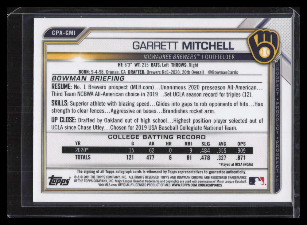 2021 Bowman Chrome Autographs Green Refractor Garrett Mitchell Rookie Auto 5/99