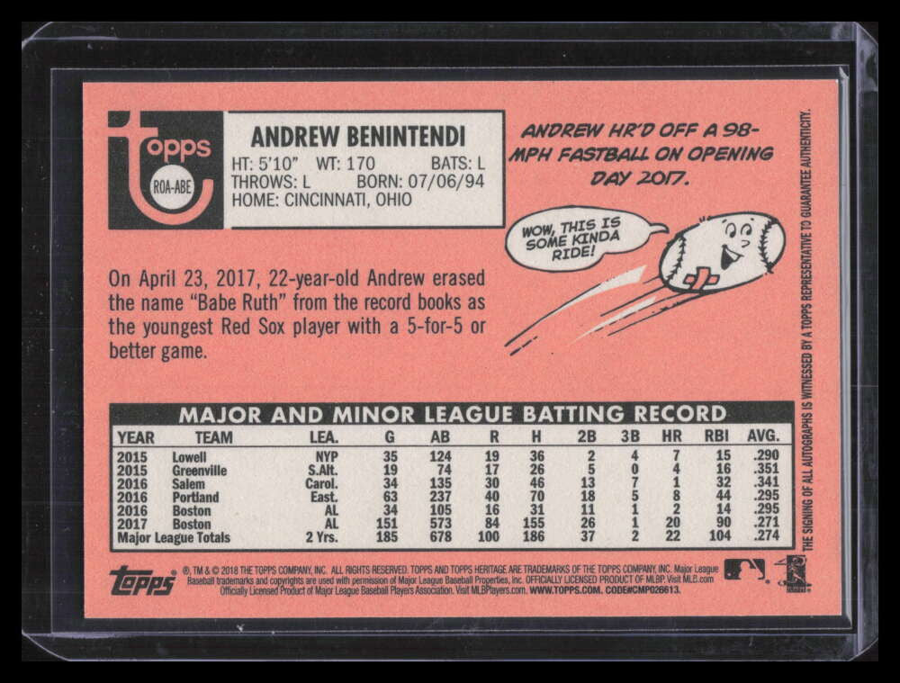 DELETE 126407 2018 Topps Heritage Real One Autographs Red Ink Andrew Benintendi Auto 44/69