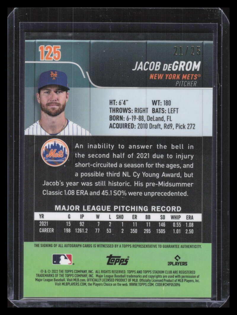 SOLD 126410 2022 Stadium Club Chrome Insert Autographs ca125 Jacob deGrom Auto 21/25
