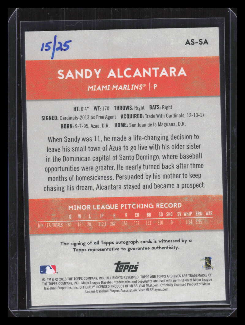 2018 Topps Archives Snapshots Black White ASSA Sandy Alcantara Rookie Auto 15/25
