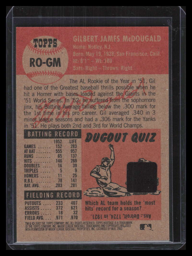 2002 Topps Heritage Real One Autographs Red Ink ROGM Gil McDougald Auto 33/53