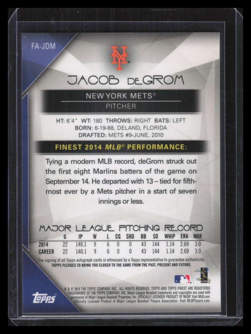 2015 Finest Autographs Blue Refractor FAJDM Jacob deGrom Auto 148/150