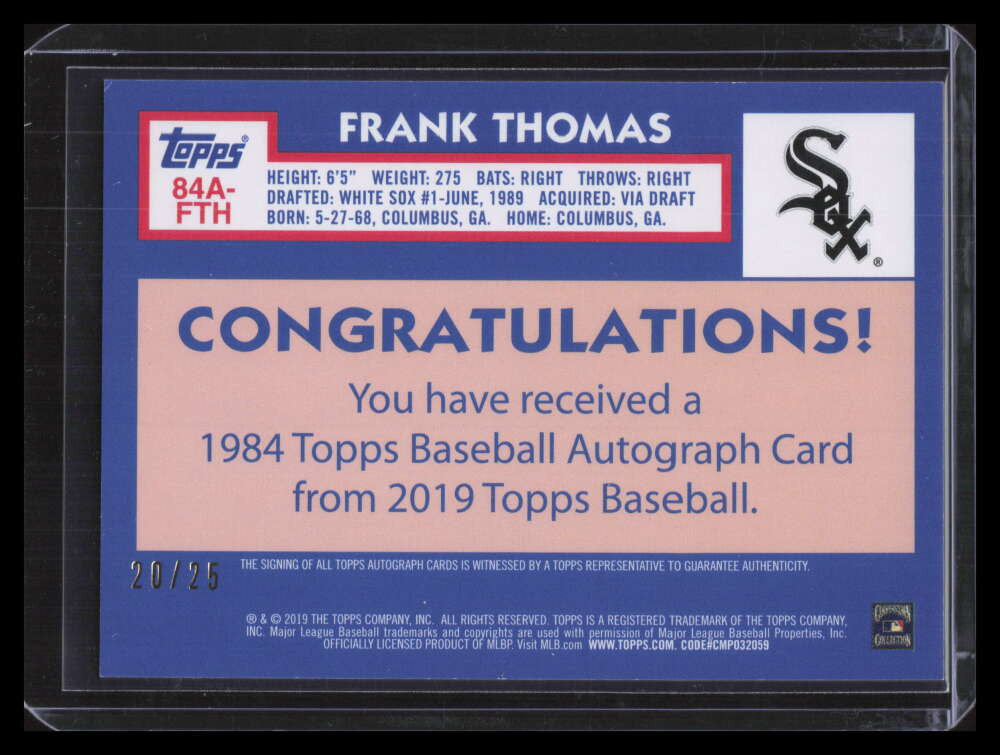 2019 Topps '84 Topps Autographs Red 84afth Frank Thomas Auto 20/25