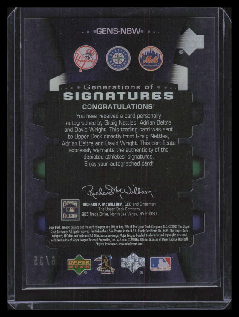 2005 Upper Deck Trilogy Generations Nettles Beltre David Wright Triple Auto 6/35