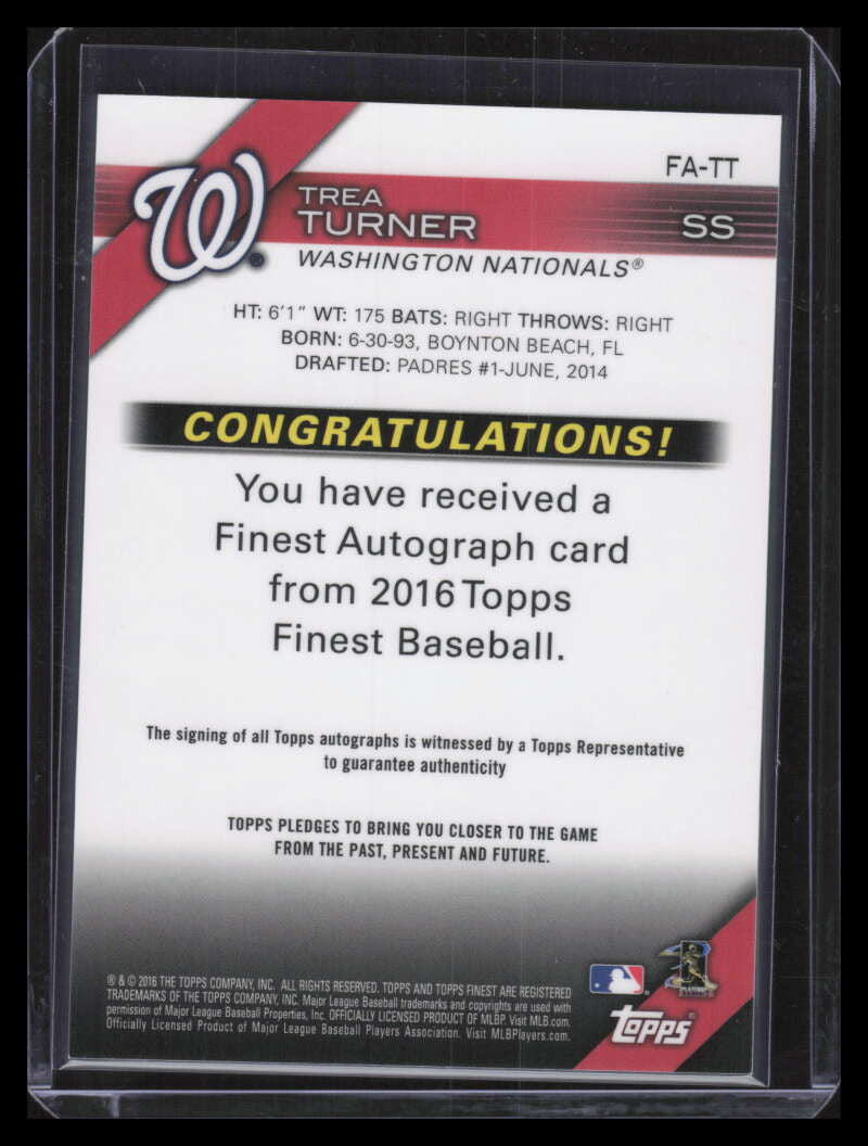 2016 Finest Autographs Blue Refractor FATT Trea Turner Rookie Auto 45/150
