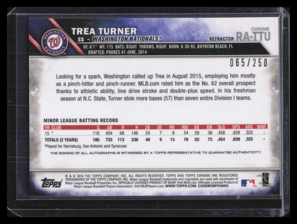 2016 Topps Chrome Autographs Purple Refractor Trea Turner Rookie Auto 65/250