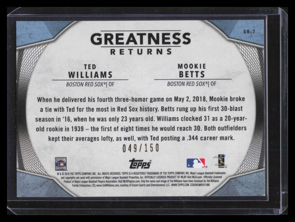 2019 Topps Greatness Returns 150th Anniversary gr7 Ted Williams Betts 49/150