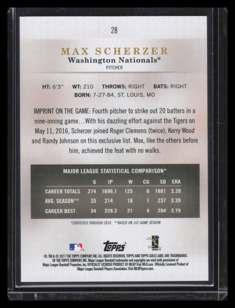 2017 Topps Gold Label Class 2 Blue 28 Max Scherzer 62/99