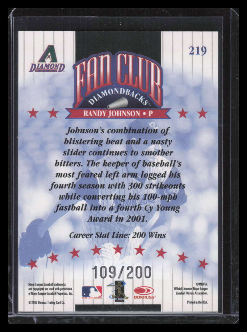 2002 Donruss Stat Line Career 219 Randy Johnson FC 109/200 Fan Club