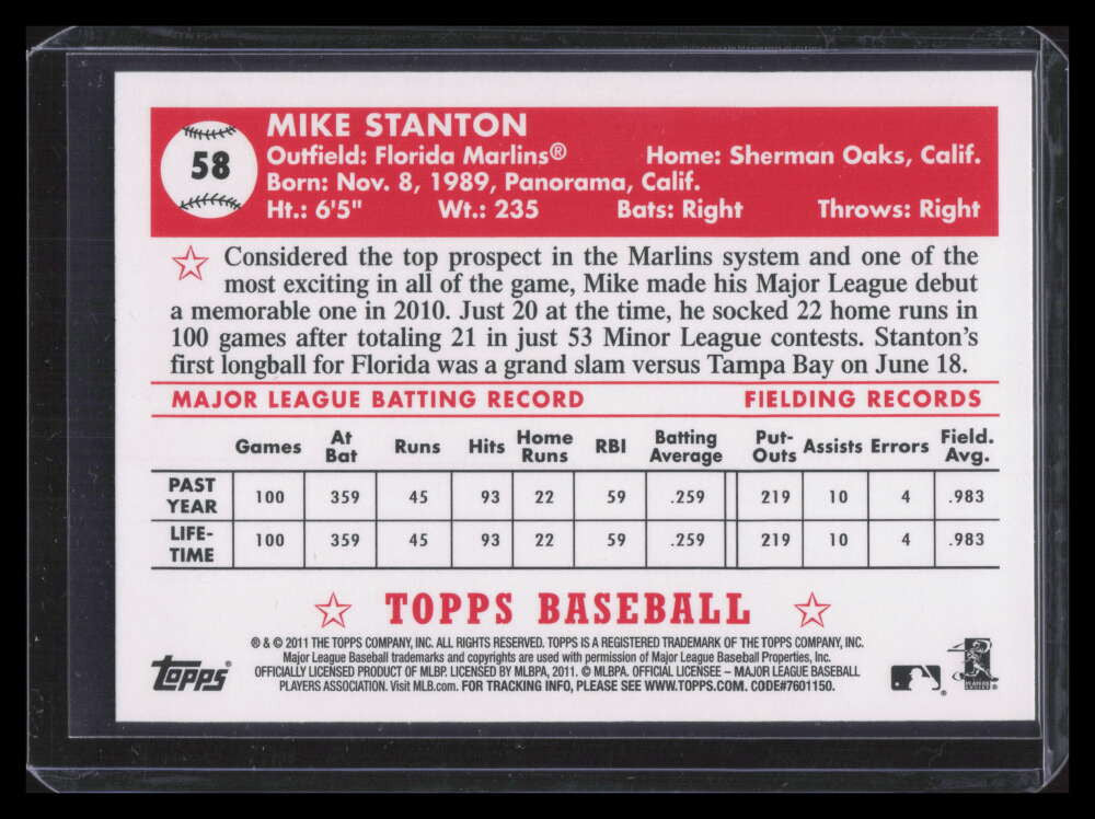 2011 Topps Black Diamond Wrapper Redemption 58 Mike Giancarlo Stanton