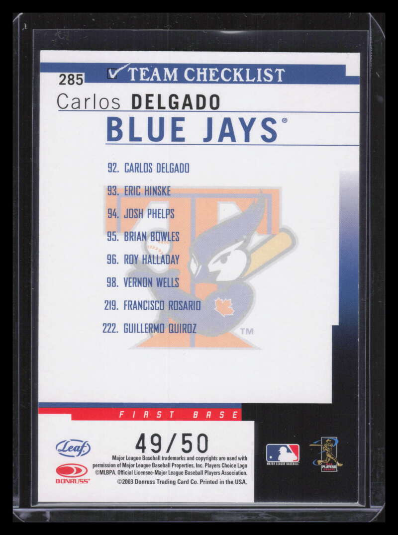2004 Leaf Press Proofs Silver 285 Carlos Delgado TC 49/50 Team Checklist