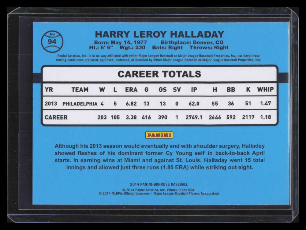 2014 Donruss Press Proofs Gold 94 Roy Halladay 43/99