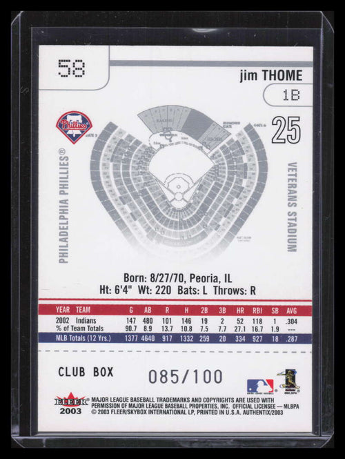 2003 Fleer Authentix Club Box 58 Jim Thome 85/100