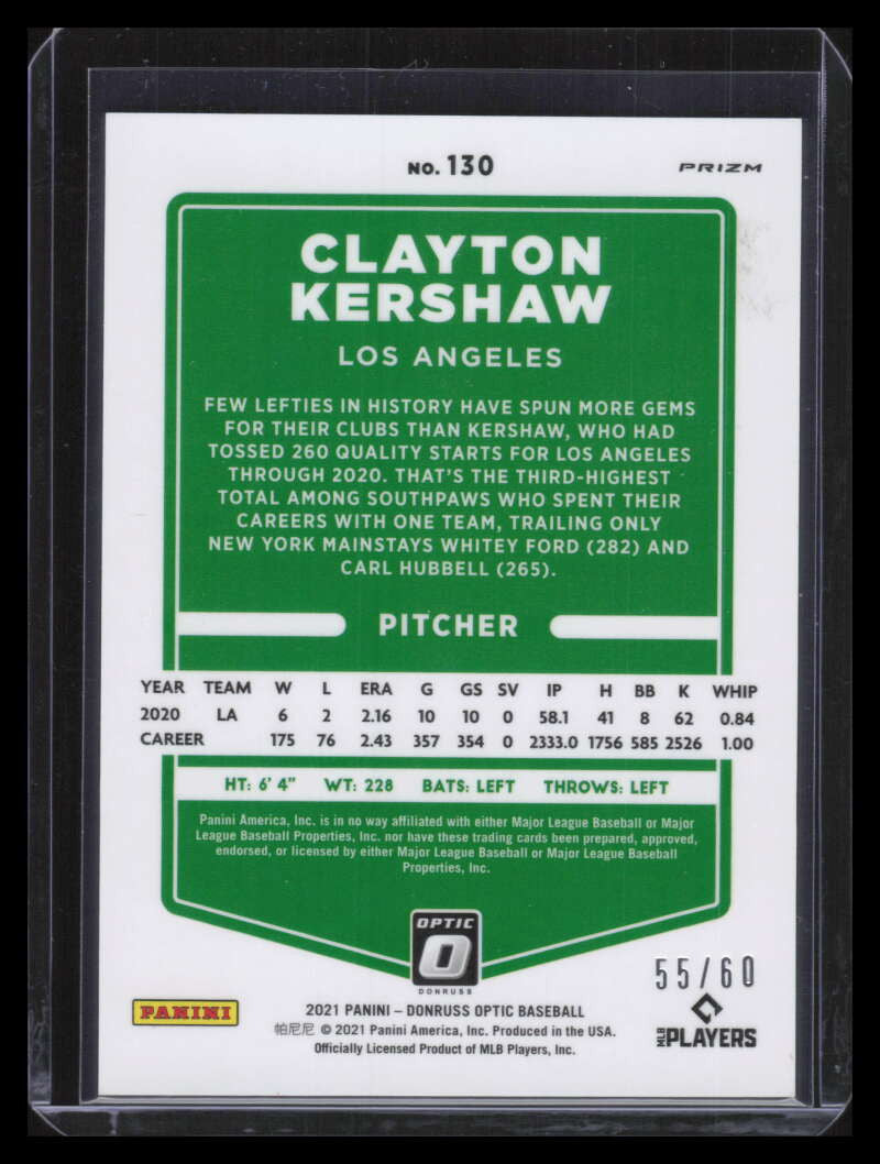 2021 Donruss Optic Red Refractor 130 Clayton Kershaw 55/60
