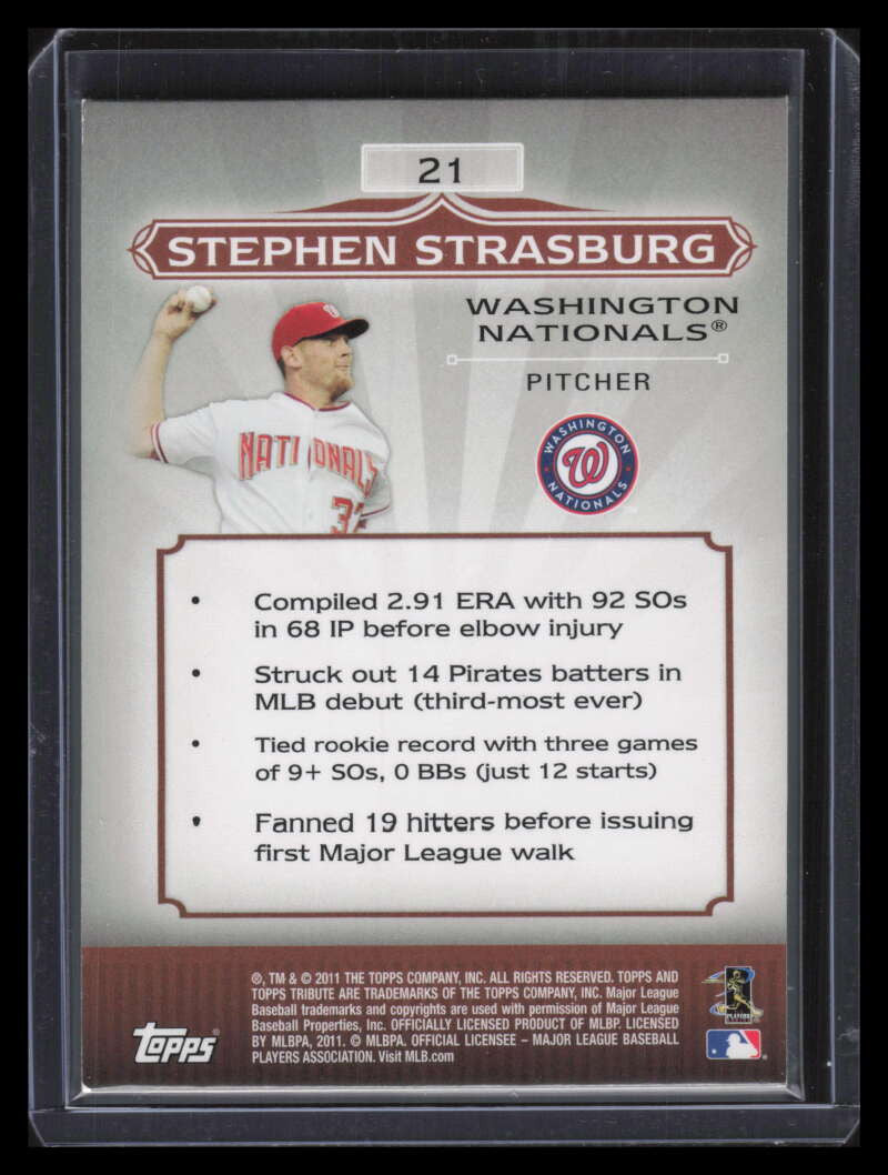 2011 Topps Tribute Blue 21 Stephen Strasburg 52/199