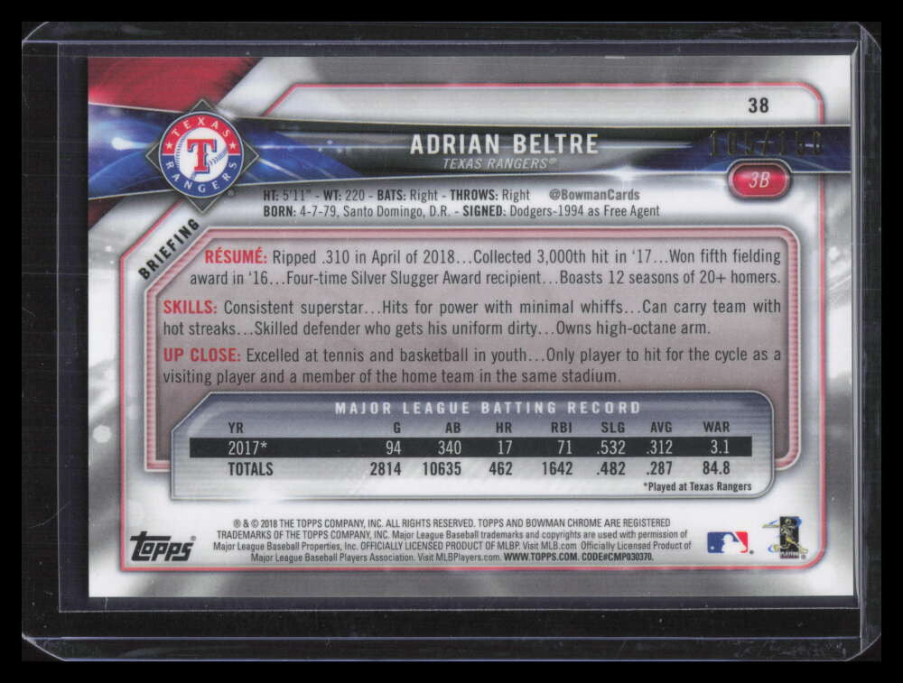 2018 Bowman Chrome Blue Refractor 38 Adrian Beltre 105/150